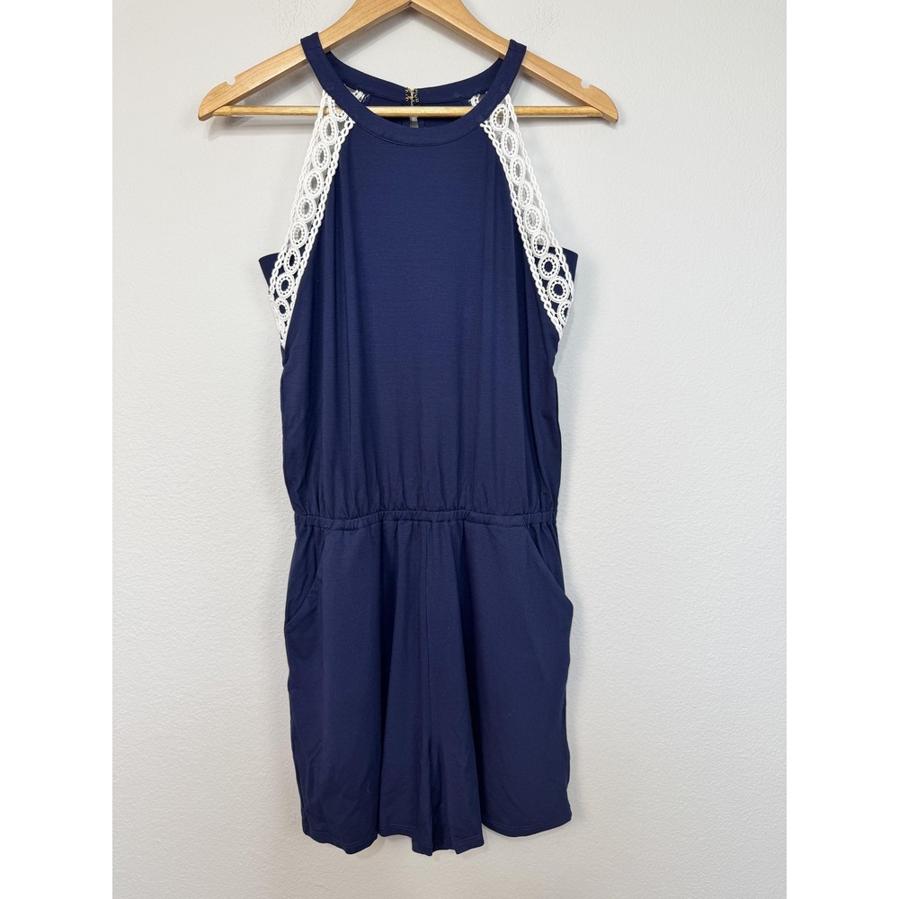 Lilly Pulitzer Lala Romper Women's Small Navy Lace Trim Pockets Vacation Preppy